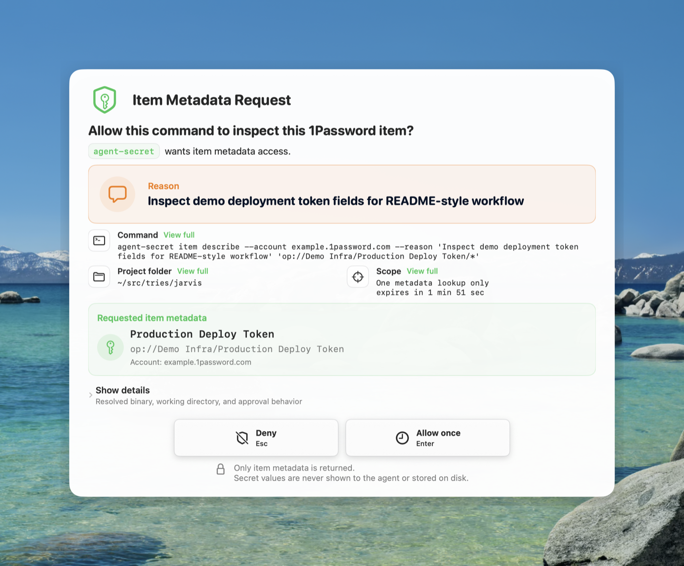 Agent Secret item metadata approval prompt, showing field labels and references without secret values